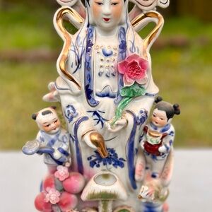 Hand-Painted Porcelain Kwan Yin Figurine with Pink Flower Accent